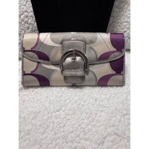 Coach Signature Optic Sateen Slim Envelope Wallet Purple‎ Silver Buckle Flap